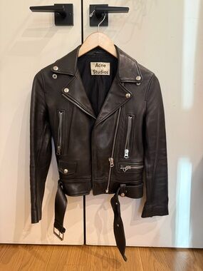 Acne Black Leather ‘Mock’ Moto Jacket with Silver Hardware 32 XS